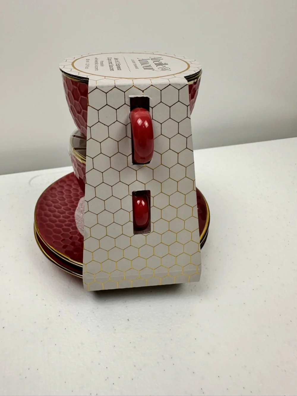 Abeille & Amour Luxury Teaware-Set of 2 Espresso Cups & Saucers - Red‎ Porcelain